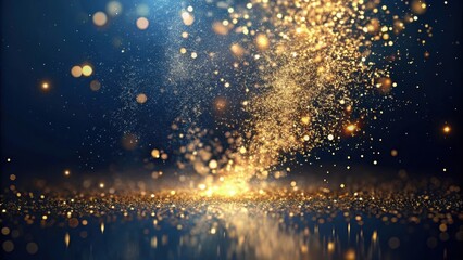 Sparkling metallic dust suspended in mid-air amidst a dark blue background, with subtle hints of warm golden tones , metallic, dust