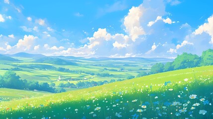 Obraz premium Serene green fields with wildflowers and soft hills under a blue sky in anime style