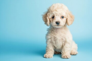 Obraz premium adorable cream-colored miniature poodle puppy with soft curls sitting alert against powder blue backdrop, professional studio lighting