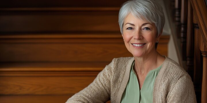 Portrait of happy mature woman with gray hair sitting on wooden staircase indoors