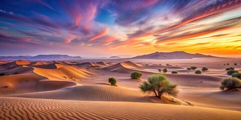 Serene Desert Landscape at Sunrise with Vibrant Sky and Rolling Sand Dunes