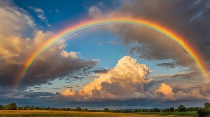 Beautiful Vibrant Rainbow in the Clear Blue Sky with Warm Sunlight
