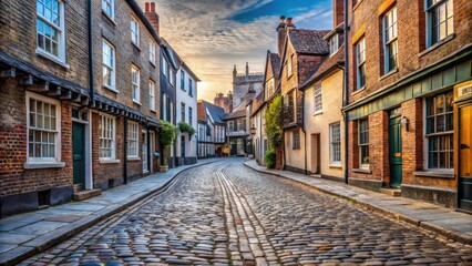 Obraz premium Ancient cobblestone street in Norwich with worn pavement and historic buildings , old town center, st historic building