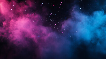 Obraz premium Neon light frame in cloud of smoke on black background. Vector realistic illustration of rectangle pink and blue border, transparent haze, stars sparkling in night sky, nightclub stage decoration