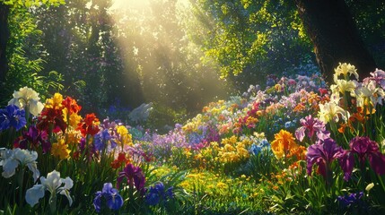 Obraz premium Colorful Irises in Lush Summer Garden