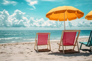 beach chairs and umbrella , Generative AI	