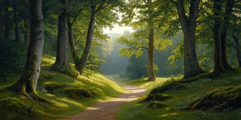 Obraz premium A serene forest path illuminated by soft sunlight, surrounded by lush greenery and tall trees, inviting tranquility and exploration.