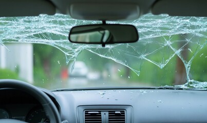 Cracked windshield, rain, car interior, driving