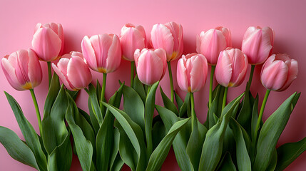 Fototapeta premium Pink flowers are arranged in a row, with their stems sticking out of the ground. The flowers are tall and slender, with green leaves at the bottom
