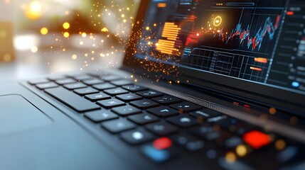 Futuristic Data Analytics Overlay on Laptop Keyboard with Dynamic Glowing Charts and Graphs Depicting Insightful Financial and Statistical Information for Advanced Technology Concept