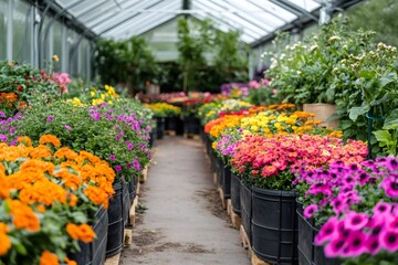 Fototapeta premium Colorful flowers growing in pots in greenhouse nursery
