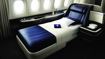 Luxurious airplane interior with spacious bed and large windows inviting relaxation during a long flight