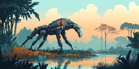 Robotic Quadruped Exploring a Tranquil Tropical Landscape