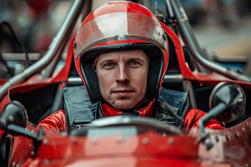 Professional racing team lineup in helmets and gear, showcasing unity and determination in motorsport, generative AI