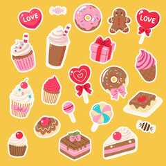 Cute Food Stickers, Dessert Vector, Kawaii Sweets, Donut, Cupcake, Ice Cream, Candy, Sticker Sheet, Clipart, Illustration