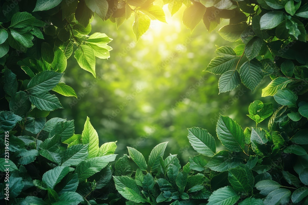 Poster A vibrant green foliage frame with sunlight filtering through, creating a serene and refreshing atmosphere. Perfect for nature and relaxation themes.