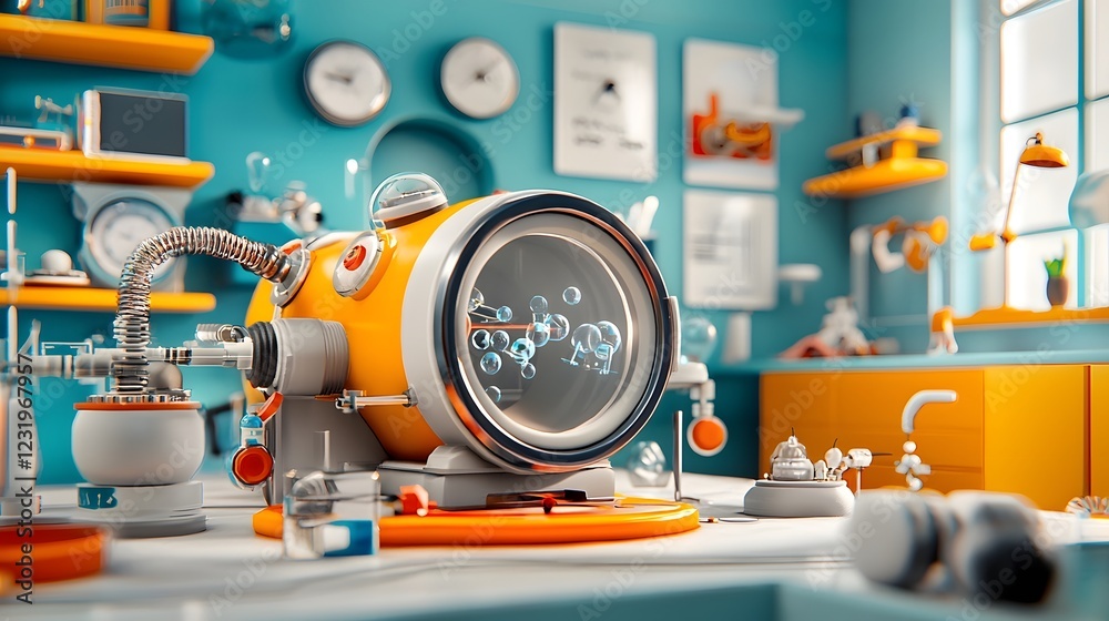 Poster futuristic virtual reality laboratory setup with various scientific instruments and equipment for ga
