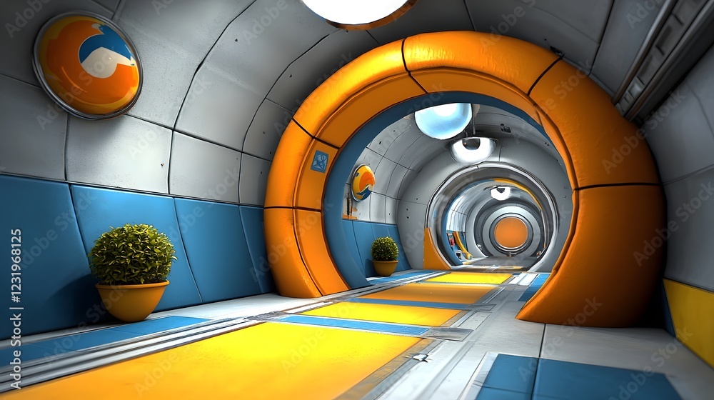 Poster futuristic virtual reality simulation with a dynamic colorful and geometric interior design for gami