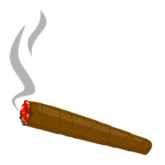 Flat Cartoon Style Burning Cigar with Smoke Vector Illustration – Isolated on White Background, Ideal for Icon, Logo, Symbol, Template, or Mockup Design