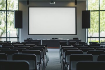 Obraz premium Empty conference room with large blank screen, ready for presentation.