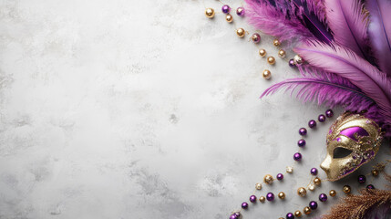 Vibrant carnival mask designed with glitter, beads and vivid feathers on a white background. Mardi Gras. Perfect for Purim or other events. Copy space. Banner. Copy space. Flat lay. Top view. Mock up