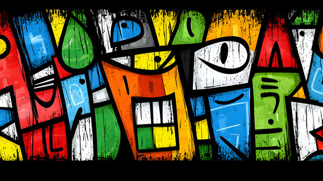 Fototapeta Abstract colorful faces graffiti art urban wall background design
