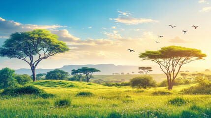 Obraz premium African savannah landscape with trees. Vector cartoon illustration of beautiful summer scenery with plain grassland, green hills, birds flying in blue sky with clouds, Serengeti wildlife background