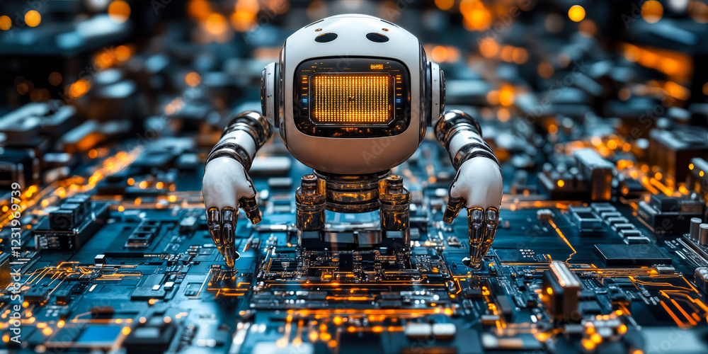 Poster ai-driven robot on circuit board enhances consumer electronics for improved product reliability