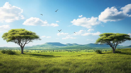 African savannah landscape with trees. Vector cartoon illustration of beautiful summer scenery with plain grassland, green hills, birds flying in blue sky with clouds, Serengeti wildlife background