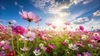 Vast cosmos flower fields under sunny sky with gentle breeze , field of flowers