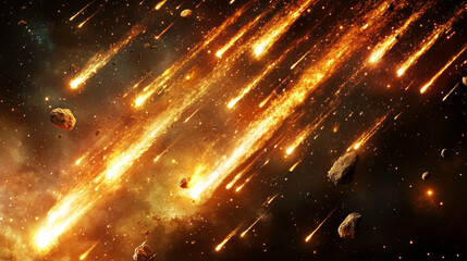 Flaming asteroid shower - meteors with glowing plasma and fire trails, crystalline space rocks with vibrant light beams, burning comets flying through galactic. Cosmic sparkling stars and effects.