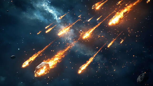 Flaming asteroid shower - meteors with glowing plasma and fire trails, crystalline space rocks with vibrant light beams, burning comets flying through galactic. Cosmic sparkling stars and effects.