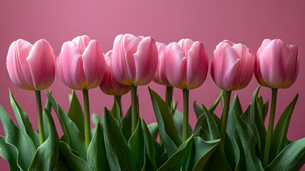 Fototapeta premium Pink flowers are arranged in a row, with their stems sticking out of the ground. The flowers are tall and slender, with green leaves at the bottom