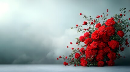 Luxurious bouquet of large full bloom red roses with velvety soft petals cascading in a harmonious Baroque influenced floral composition accented by verdant leaves against a tranquil studio backdrop