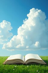 Fluffy white clouds drift above an open book lying on grass , story, environment
