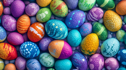 Fototapeta premium Cute fantasy colorful dinosaur eggs cartoon vector illustration collection. Colored and decorated Easter icon. Childish Jurassic fairytale monster or snake oval nest element with different patterns.