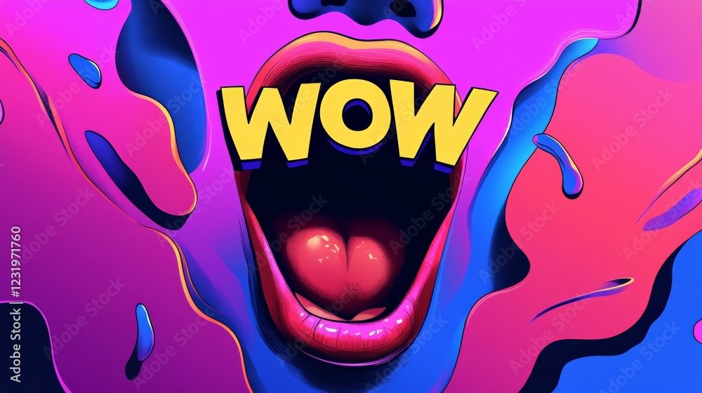 Poster open mouth with wow lettering over colorful abstract background representing surprise, excitement, a