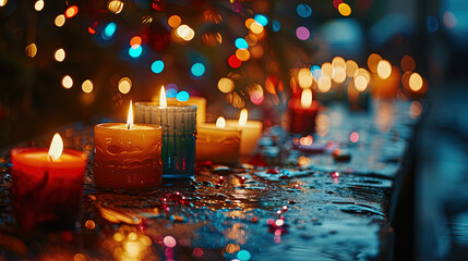 Christmas, candles, presents, rainbow colors