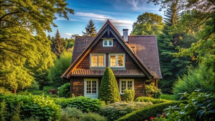 A house with a traditional gable roof and a window on the front facade, surrounded by trees and greenery, building