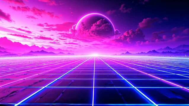 Retro Synthwave Horizon: A vibrant synthwave landscape unfolds, featuring a gridded highway vanishing into a horizon dominated by a giant pink moon and purple-pink clouds.