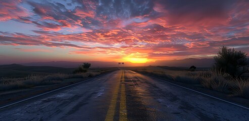 Road in the field with beautiful sunset. Nature composition