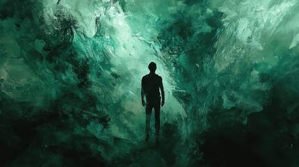 Silhouette of a Man in a Green Abstract Landscape