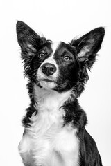 A border collie displays curiosity with ears perked and eyes bright, showcasing its intelligent nature. The black and white contrast emphasizes its striking features and alert expression.