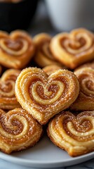 Fototapeta premium Buttery and flaky elephant ear cookies with caramelized sugar coating isolated. Each palmier is evenly baked, featuring perfectly symmetrical heart shape with crisp, glossy surface.