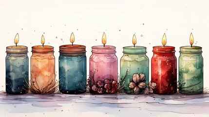 cute Christmas candles , watercolor simple style, sketch, retro illustration style, bright colors, white background