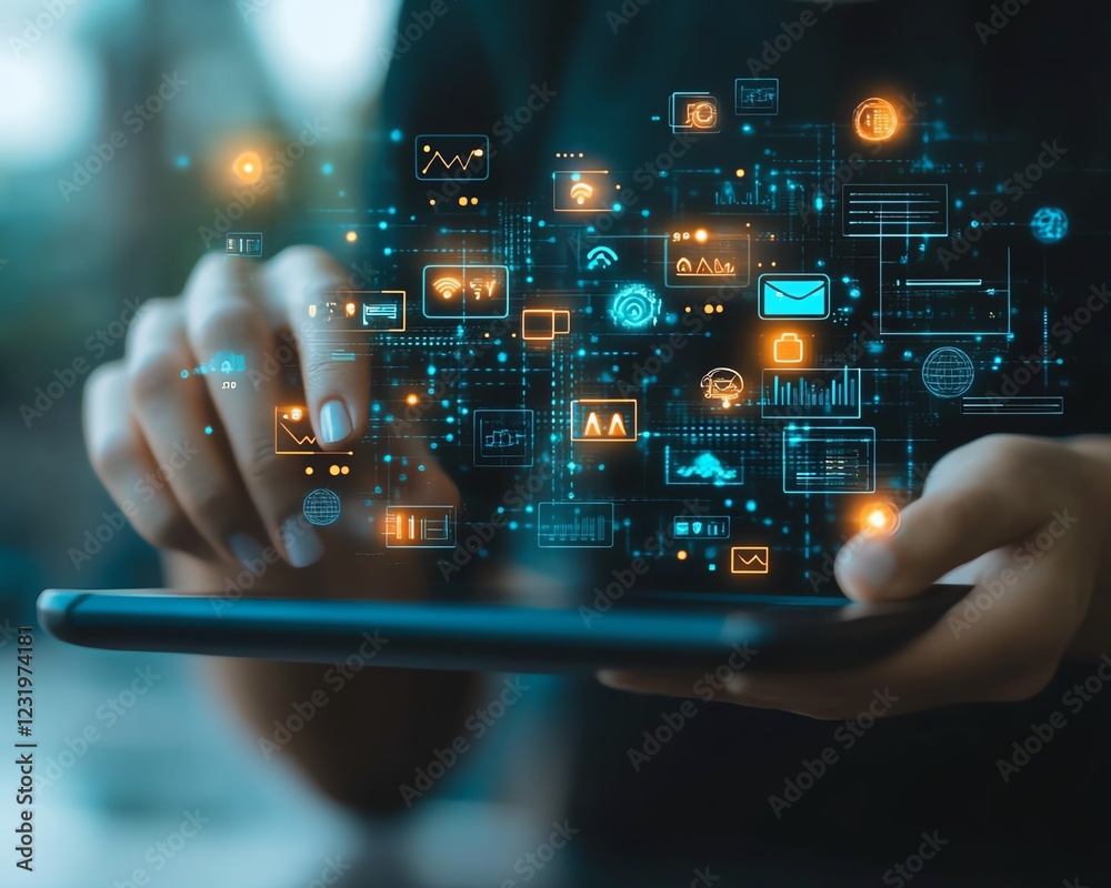 Poster A person tapping on a tablet with floating digital icons, illustrating the dynamic flow of connectivity and data in the digital age
