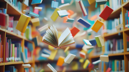 Books festival cartoon landing page, glowing bestsellers flying over bookshelf. Fest event in bookstore or library. Closed and open volumes with colorful paperback floating in air vector web banner