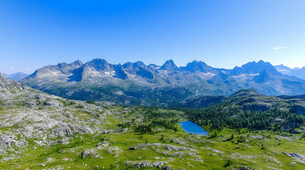 Fototapeta premium Alpine lake, mountain range panorama, summer day, clear sky, nature background