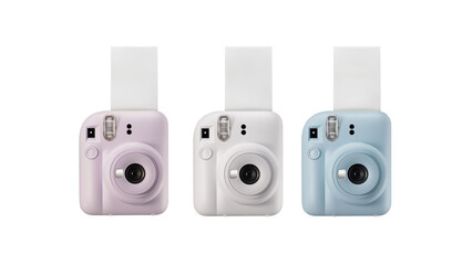 Closeup of pink, white and blue instant photographic cameras, isolated on white background.