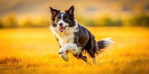 Obraz premium High energy Border Collie dog running in a vast open space with an isolated yellow colored background, showcasing its agility and athleticism, agility, wild